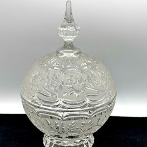 Vintage hand cut lead Crystal  frosted floral lidded compote dish.